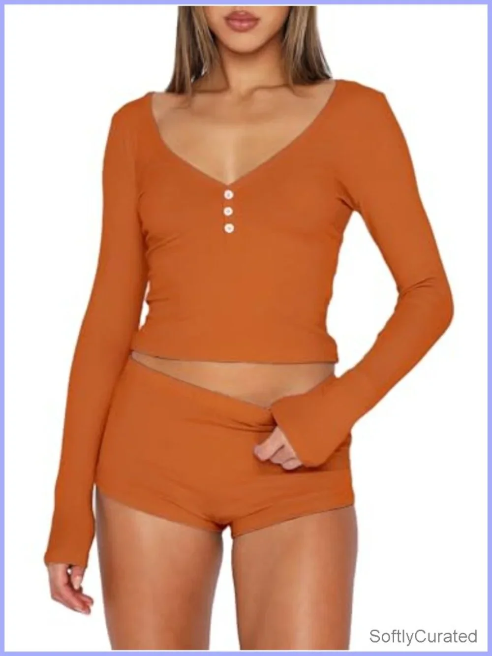 Ribbed Knit Modal Pajama Set Long Sleeve Crop Top Button Down V Neck Fitted
